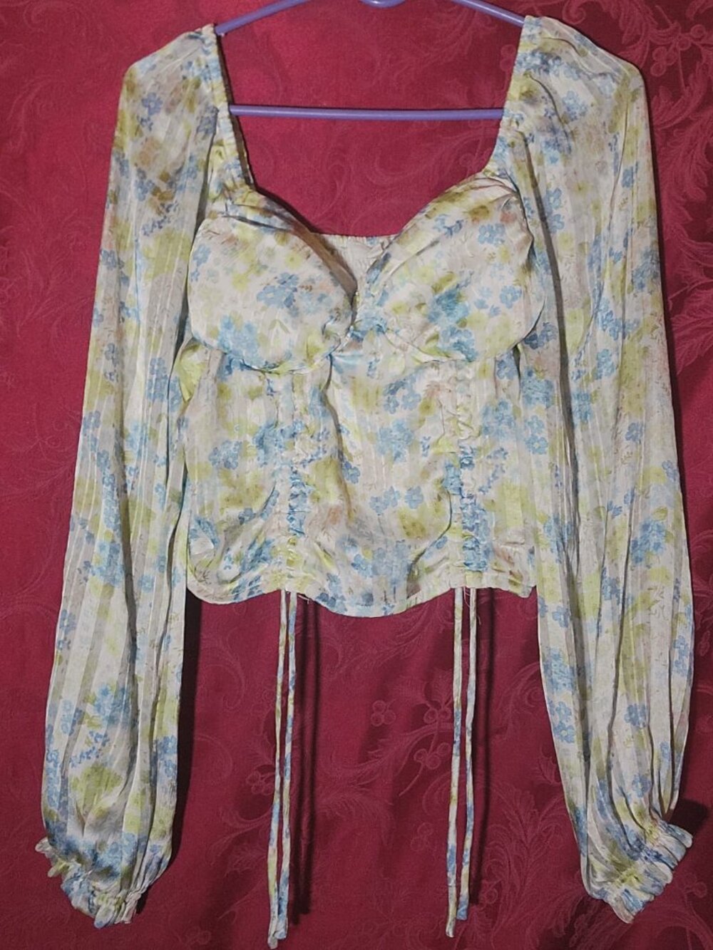Madden NYC Floral Chiffon Long Sleeve Corset Crop Top Light Blue Yellow XL